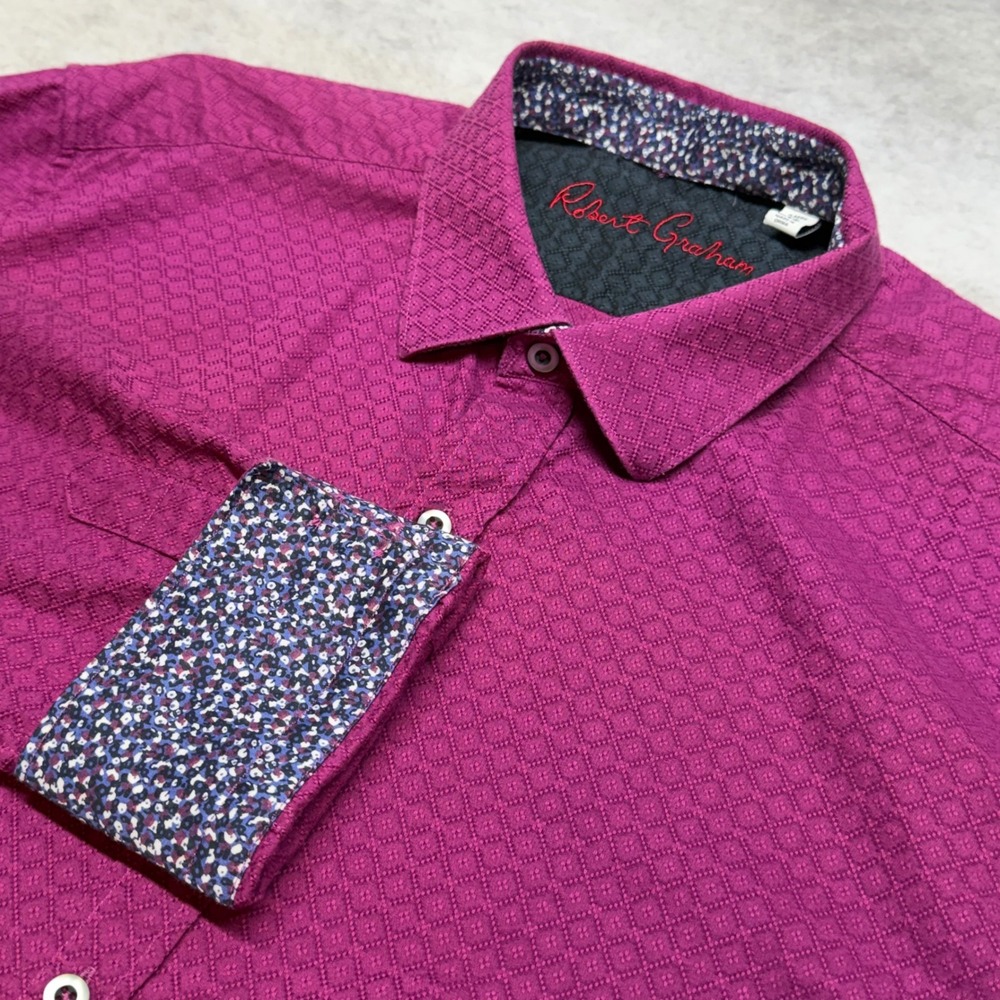 Robert Graham Mens 2XL Magenta Purple Jacquard Floral Trim Button Down Shirt